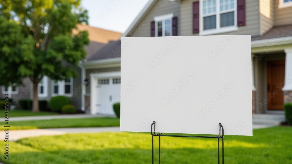 Real estate yard sign mockup in front of a suburban house with a green lawn and trees