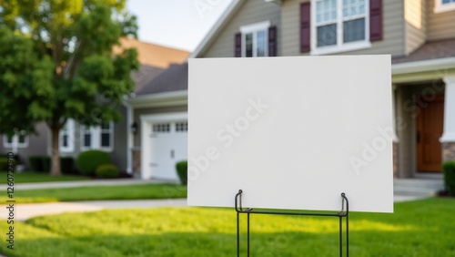 Obraz na płótnie Real estate yard sign mockup in front of a suburban house with a green lawn and trees w salonie