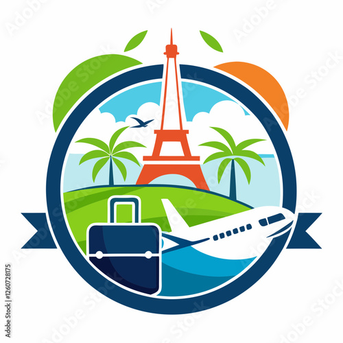 Viagens Globo Avião Barco Mala Palmeira Torre Eiffel - Vector Illustration