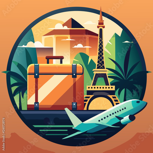 Viagens Globo Avião Barco Mala Palmeira Torre Eiffel - Vector Illustration