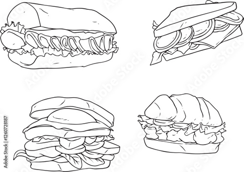 Hand-drawn sandwich collection in line art style. Various types including burgers, hot dogs, subs, bagels, and croissants. Black and white outline illustrations perfect for menu designs, packaging.