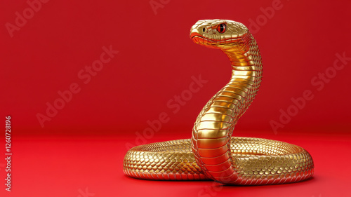 Golden snake sculpture coiled on a red background
