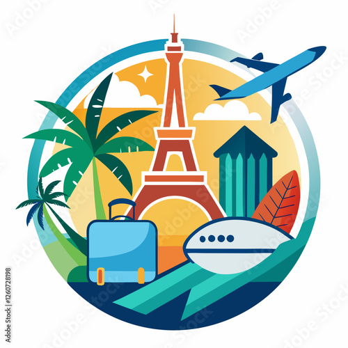 Viagens Globo Avião Barco Mala Palmeira Torre Eiffel - Vector Illustration