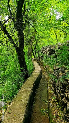 A drinking water stream flows along a dirt path, passing by lush orchards.
📍Kamalla (Kamaleh) village, Hawraman Takht 