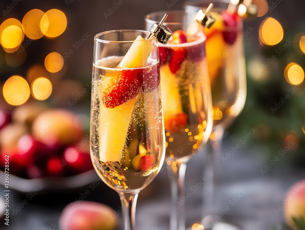 Elegant champagne flutes with fruit skewers for a festive celebration Elegant champagne flutes with fruit skewers for a festive celebration