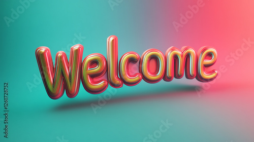 A colorful word balloon with the word welcome written in it. The balloon is floating in the air and he is made of a shiny material. The image has a fun and playful vibe photo