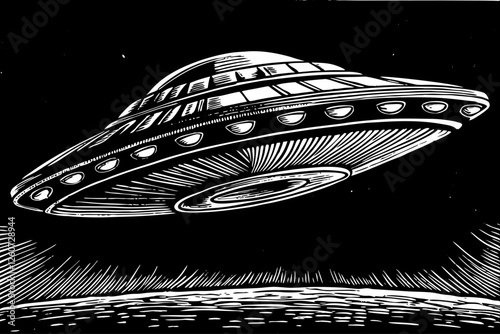 flying saucer close up in sky black and white hand drawn sketch