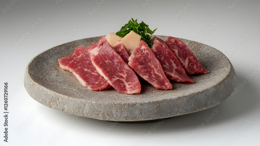 Thinly sliced beef sashimi on stone plate, Japanese cuisine Thinly sliced beef sashimi on stone plate, Japanese cuisine