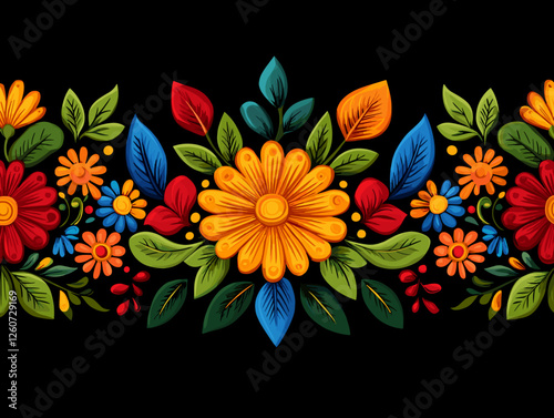 Traditional Mexican Folk Art Floral Border in Vibrant Colors for Festive Decoration