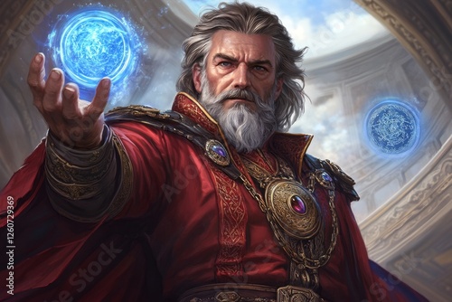 A wizard using a magical crystal orb to collect ancient knowledge and mystical data from floating enchanted scrolls photo