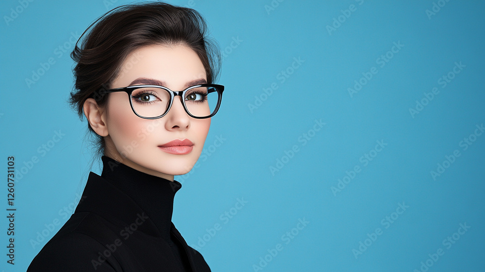 Stylish woman in glasses with black jacket against blue background Stylish woman in glasses with black jacket against blue background