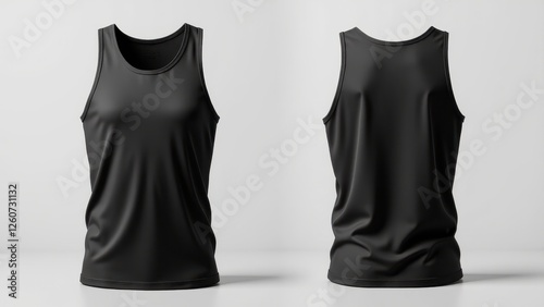 Tank top mockup front and back view in black color on a plain background.