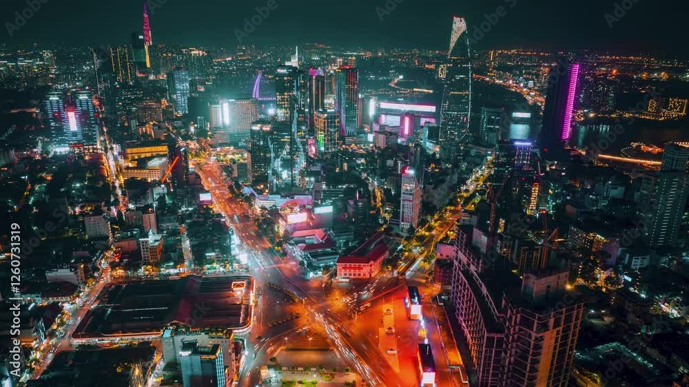 4K Aerial view of Ho Chi Minh City Panorama at night, Hyperlapse from Ben Thanh Market 
Capture the city's vibrant pulse as the day unfolds, observed from the vantage point of Ben Thanh market
