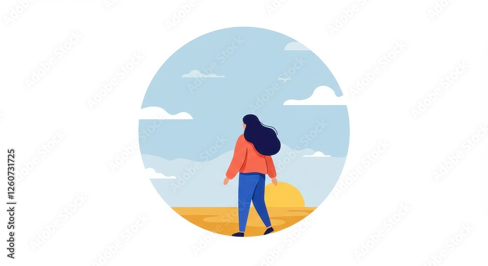 A modern flat illustration of a woman walking toward a circular window or portal A modern flat illustration of a woman walking toward a circular window or portal