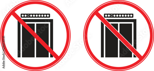 Collection of vector icons of prohibited use of lifts or lifts due to damage and fire. Information icon symbols are prohibited or not used, and information symbol icons are public. Vector illustration