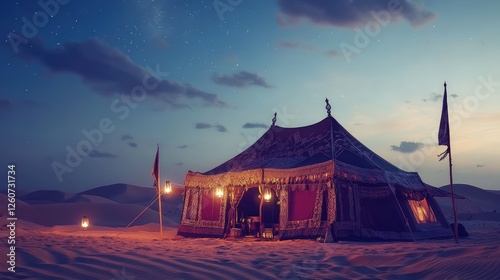 Pixelated image of a desert tent at twilight. A large dark purple tent is the focal point on a light beige sandy desert landscape.  Warm, soft light emanates from inside the tent, and there are lit photo