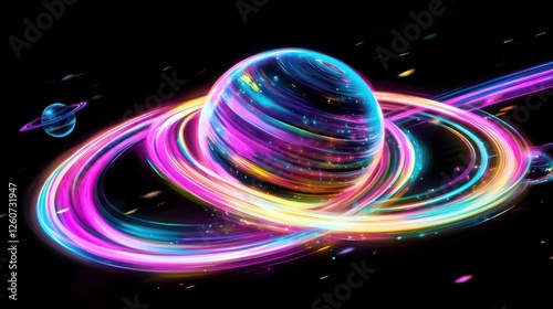 Abstract vibrant cosmic planet with swirling rings photo