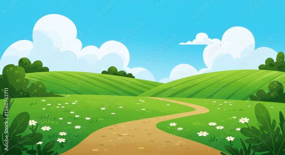 A vibrant flat illustration of a picturesque countryside with rolling green hills a winding dirt path and lush foliage A vibrant flat illustration of a picturesque countryside with rolling green hills a winding dirt path and lush foliage