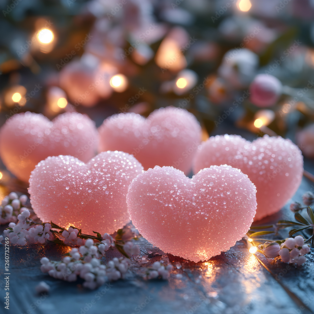 Fototapeta premium Pink heart shaped valentine's day candies glistening with dew drops