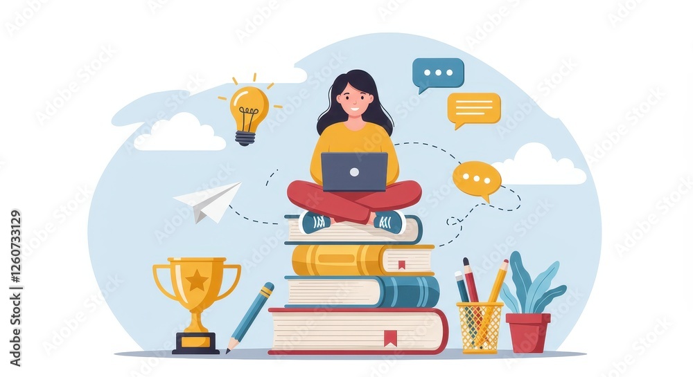 A flat illustration of a young woman sitting cross legged on a tall stack of books working on her laptop A flat illustration of a young woman sitting cross legged on a tall stack of books working on her laptop