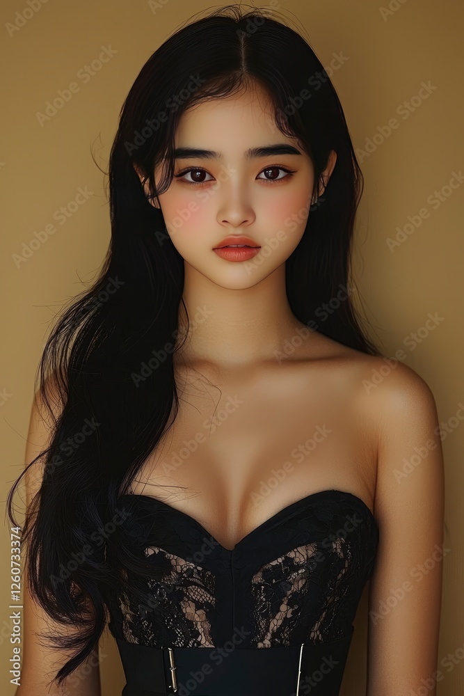 Fototapeta premium Portrait of a Young Woman with Long Black Hair Wearing a Black Lace Corset Top