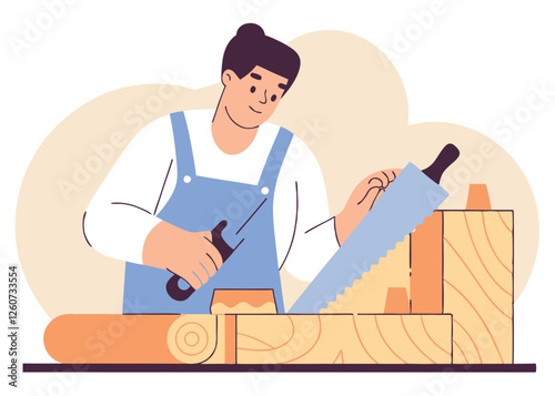 Skilled Carpenter Crafting Wood. Labor Day Vector Illustration Saw Art DIY Tool 
