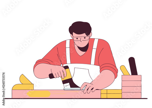 Skilled Carpenter Craftsmanship. Labor Day Woodworking Vector saw tools chisel  