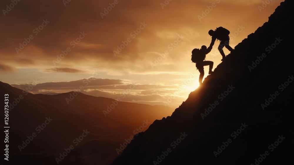Two climbers silhouetted against a sunset, one helping the other ascend a rocky mountain, symbolizing teamwork and perseverance. Two climbers silhouetted against a sunset, one helping the other ascend a rocky mountain, symbolizing teamwork and perseverance.
