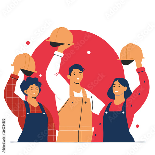 Happy Labor Day. Construction Workers Celebrate Victory. Unity Vector Design    