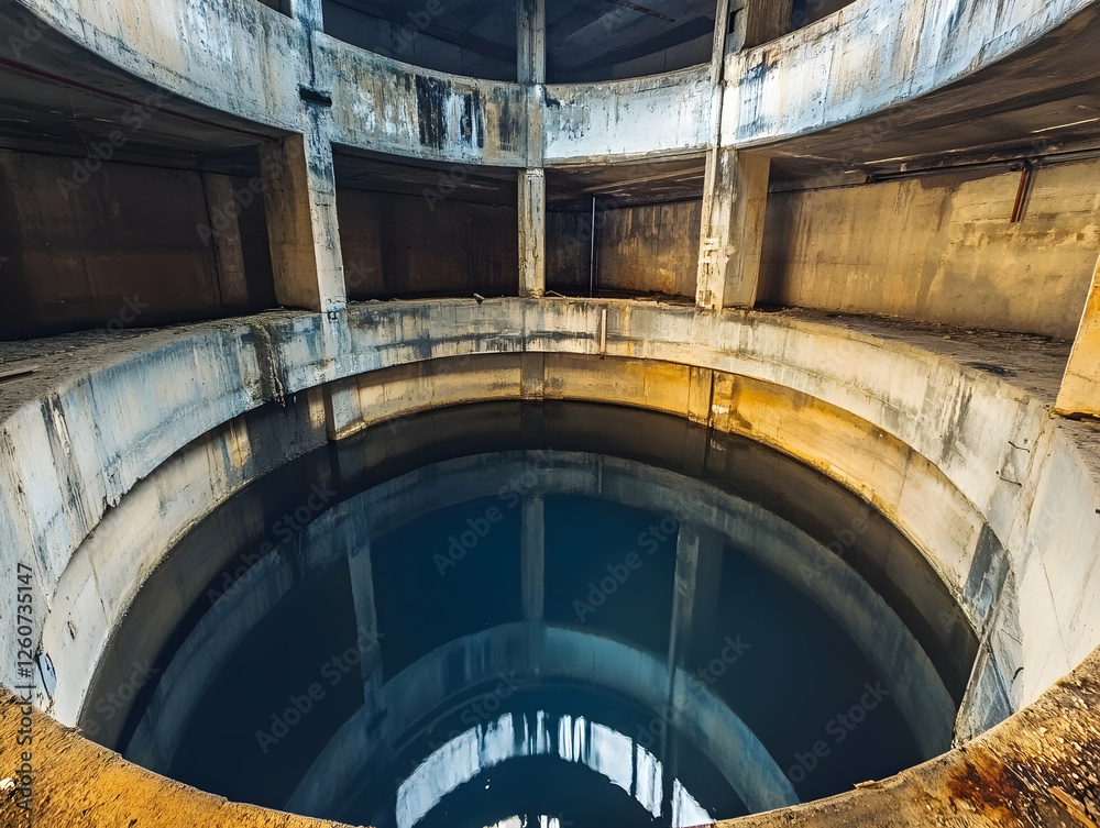 Fototapeta premium Inside an old concrete bunker with pool and round window