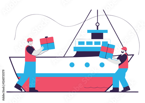 Happy Labor Day. Dockworkers Loading Cargo Ship at Dawn sea port ocean water    