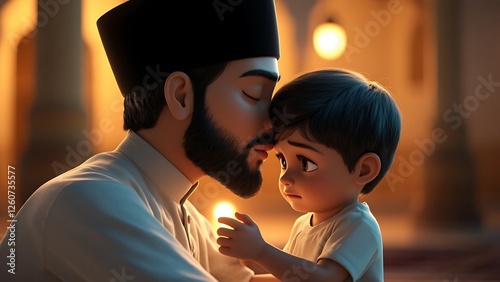 a Father Holding His Young Son in a Tearful Eid Embrace