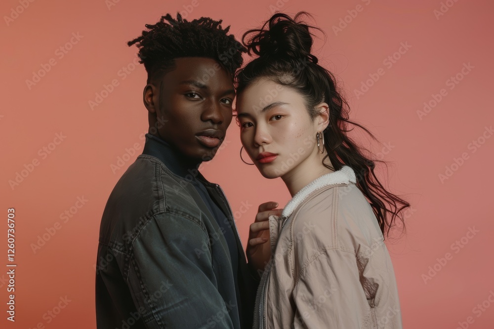 Portrait of a tender mixed race couple in their 30s wearing a trendy bomber jacket isolated on plain cyclorama studio wall Portrait of a tender mixed race couple in their 30s wearing a trendy bomber jacket isolated on plain cyclorama studio wall