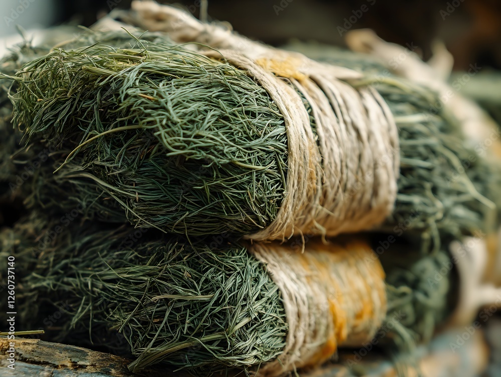 Stacked Bales of Dried Green Herbs Tied with Twine for Natural Remedies Stacked Bales of Dried Green Herbs Tied with Twine for Natural Remedies
