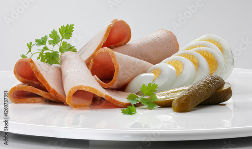 Liver loaf with hard-boiled egg and gherkin photo