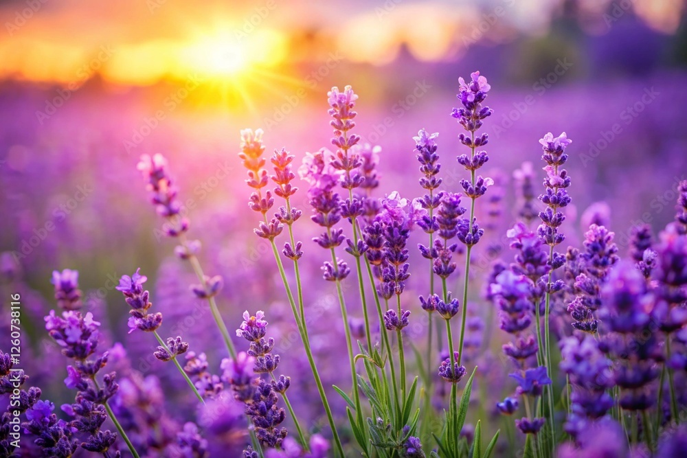 Obraz premium Purple lavender flowers on sunny beautiful nature summer background. 