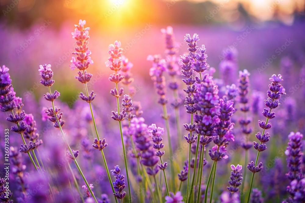 Obraz premium Purple lavender flowers on sunny beautiful nature summer background. 