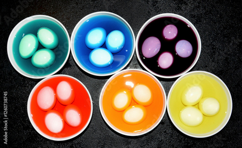 Dyeing different coloured Easter eggs photo