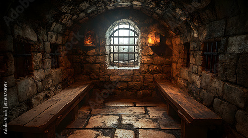Gloomy medieval dungeon chamber with stone walls and barred window