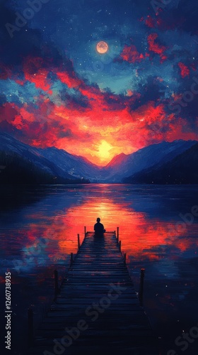 Serene sunset over a lake with a person sitting on a dock, reflecting tranquility