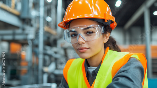 confident woman in hard hat and safety glasses, wearing high visibility vest