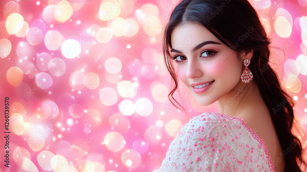 Pakistani woman in a gown with embroidery smiling at evening celebration festive birthday valentine Pakistani woman in a gown with embroidery smiling at evening celebration festive birthday valentine