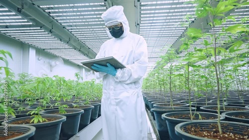 Scientist grower expert collecting cannabis growing data, checking plants quality write down detail on digital tablet, cannabis industrial, marijuana farming greenhouse, work research for high quality