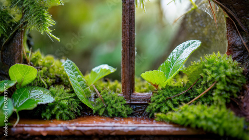 window, with the moss, fairy cartoon tale, green brown color