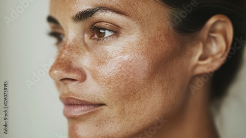 Close-up of a 40-year-old Hispanic woman with hyperpigmentation Dark patches, uneven skin tone, and discoloration