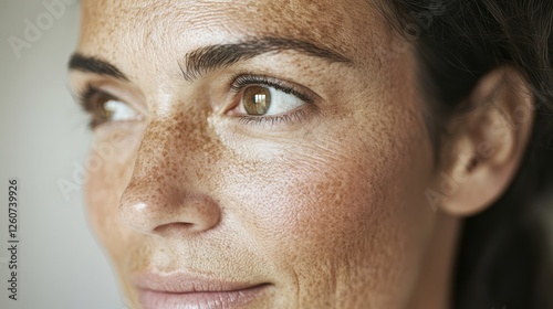 Close-up of a 40-year-old Hispanic woman with hyperpigmentation Dark patches, uneven skin tone, and discoloration
