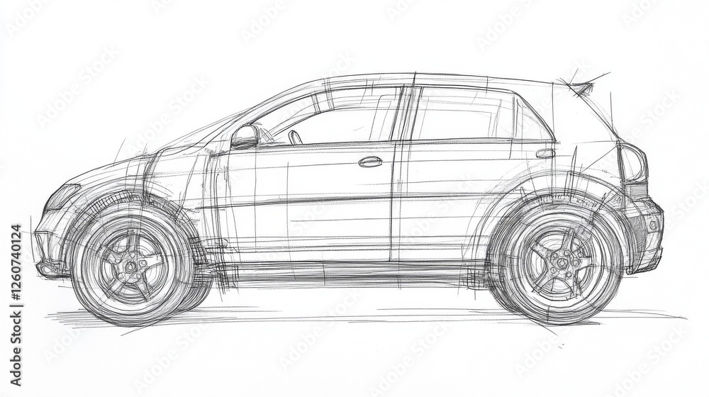 Fototapeta premium Sketch of a Modern SUV, Side View, Detailed Outline Drawing
