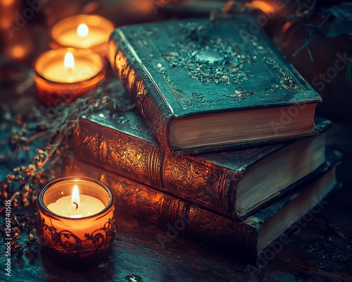 Antique books, candles, mystical ambiance, still life, study photo