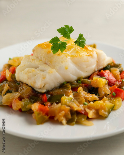 Steamed cod with Sanfaina vegetables photo