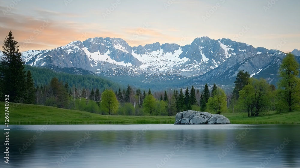 Mountain lake landscape at sunrise. Peaceful alpine scene. Possible use Stock photo for nature, travel, and serenity Mountain lake landscape at sunrise. Peaceful alpine scene. Possible use Stock photo for nature, travel, and serenity